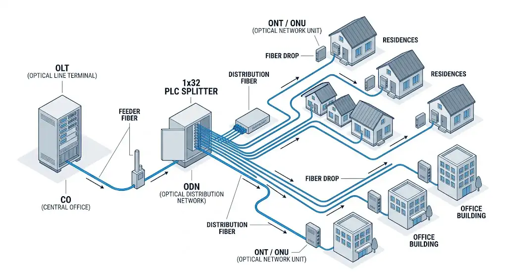 PLC splitter in a GPON fiber network@dimifiber PLC splitter in a GPON fiber network@dimifiber